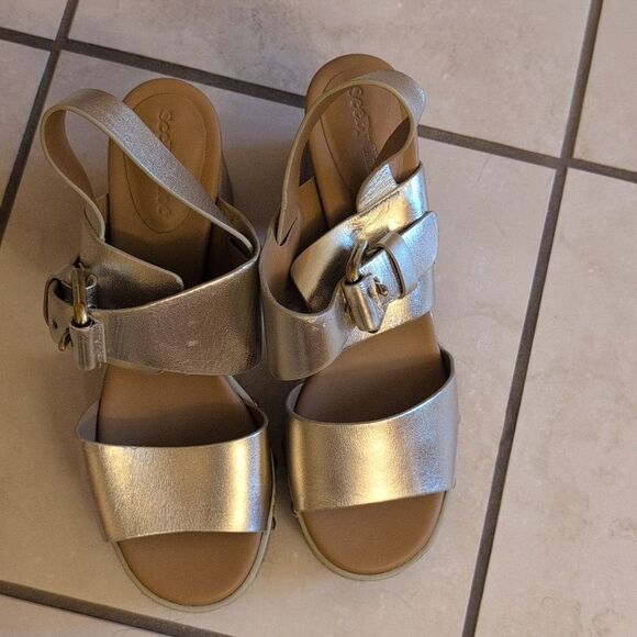 NEW See By Chloe Lamb Joline Heel Sandals Block Platform Gold FLAWED - Picture 2 of 12
